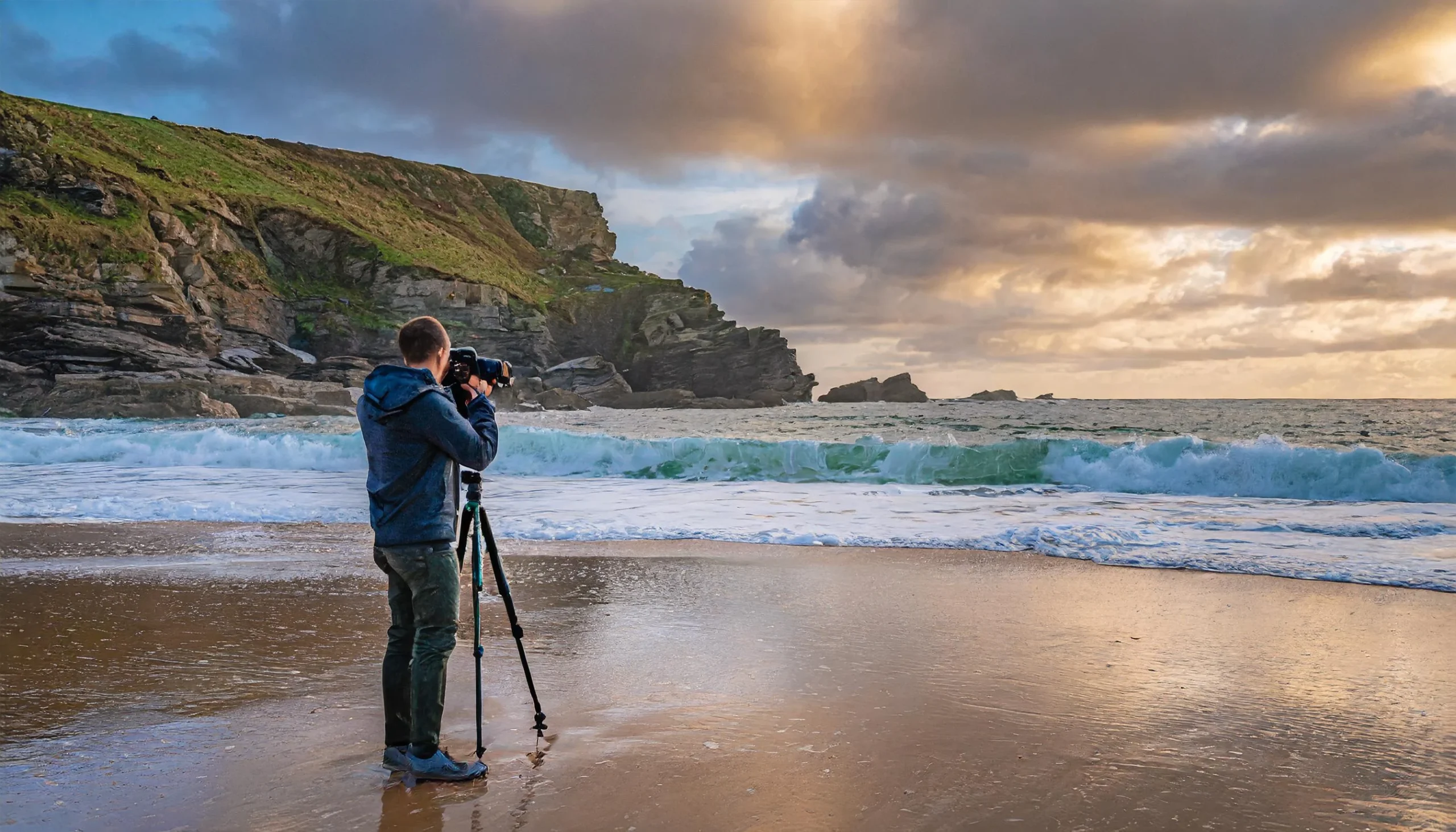 Cornish photography workshop people taking photos on a beach